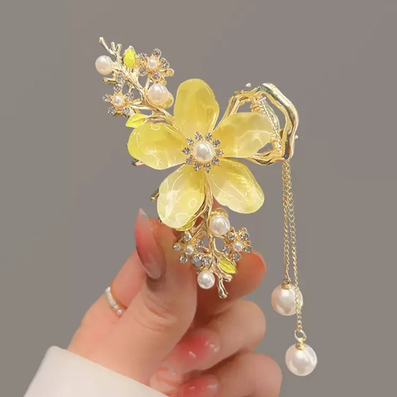 Chic Hair Accessories for Women - Retro Style Water Diamond Pearl Orchid Tassel Hair Clip Elegant and Charming Hair Ornament