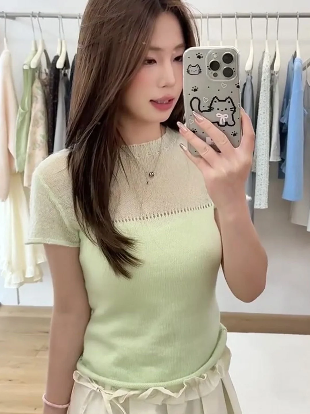 

Mint Green Knitted Top Women's Fashion Korean Style Versatile Slimming Short Sleeve Casual Wear Suitable for Spring Summer