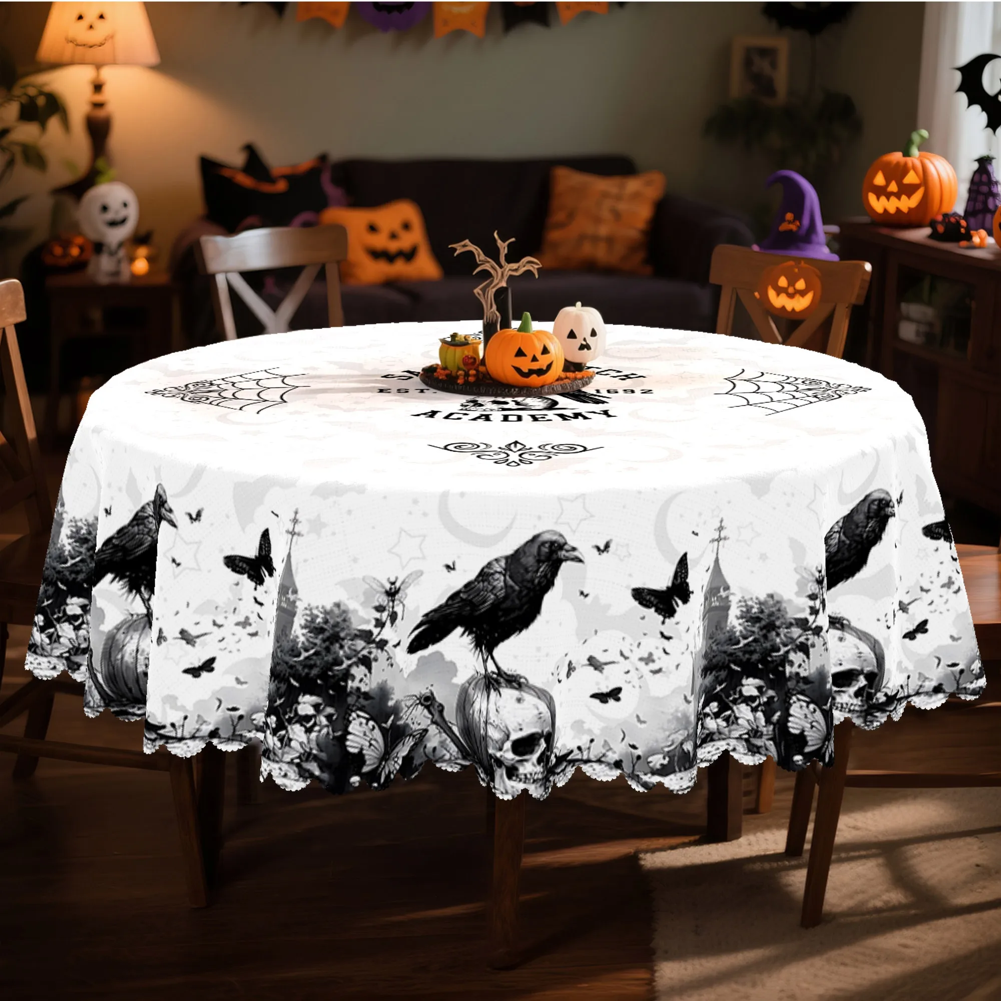 Halloween tablecloth, featuring a design of black crows, butterflies, skulls and a castle.zyc