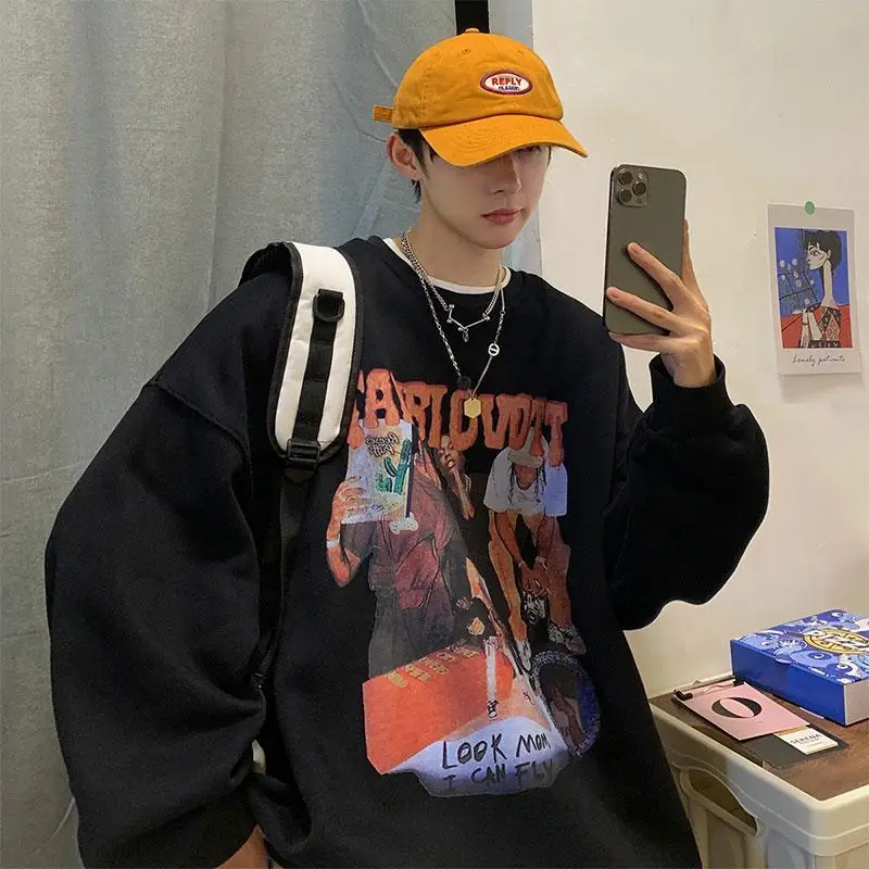 

Мужской свитшот большого размера (до 300 фунтов), американский хип-хоп стиль, с круглым вырезом, весна-осень, уличный стиль, из чистого хлопка, с длинными рукавами