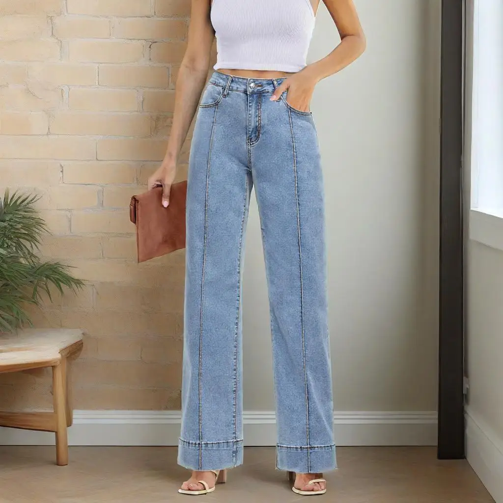 

Women Popular High Waist Jeans Casual Simple Wide Leg Straight Denim Pants With Button Lady Daily Elegant Superior Trousers