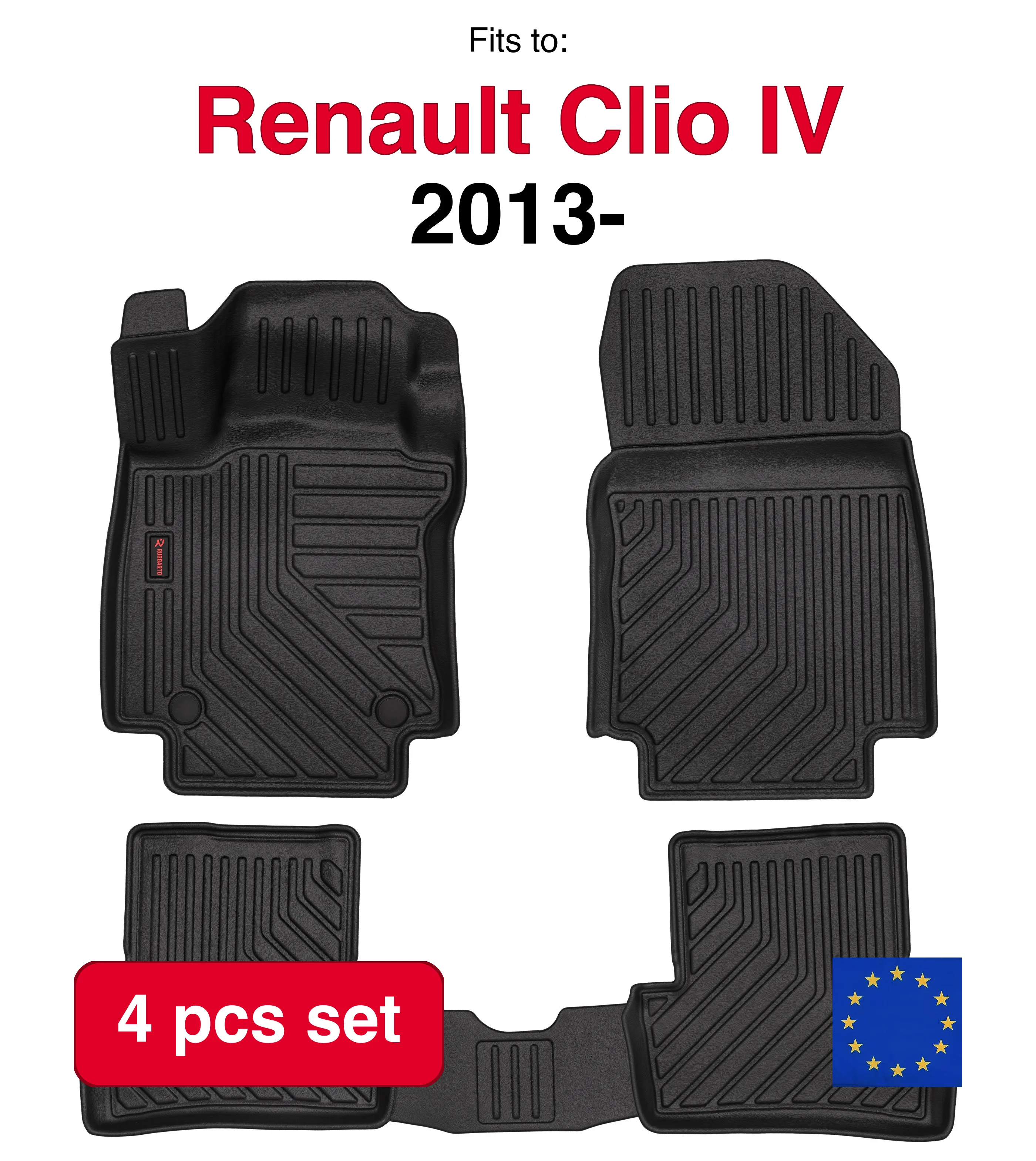 Image of 3D-Gummi-Autoteppiche für Renault Clio IV Grandtour Station Wagon Schrägheck (2013-) – schwarze Passform (4 Stück)