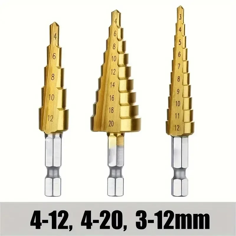 3-12 4 -12 4-20MM HSS Straight Fluted Pagoda Step Drill 3Pcs Cloth Bag Hex Shank Reamer Bit Set Titanium Coated Wood Metal Hole