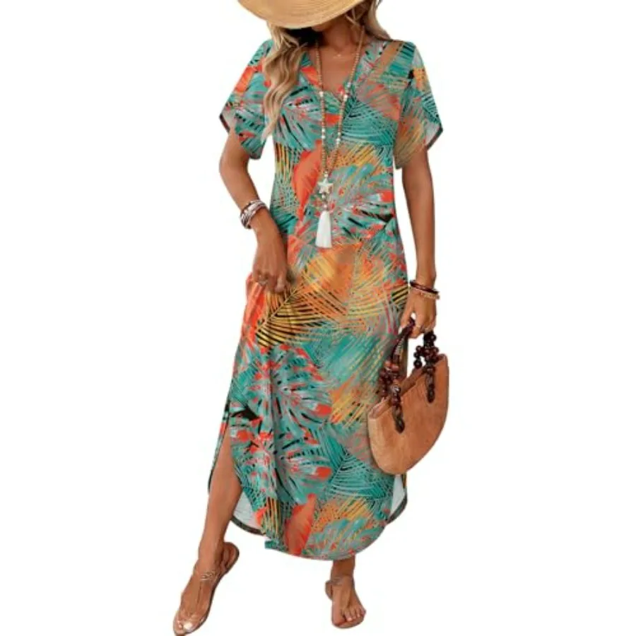 

WIHOLL Summer Dresses for Women Short Sleeve Maxi Dresses V Neck Sundress with Side Slit Pockets Casual Beach Dress