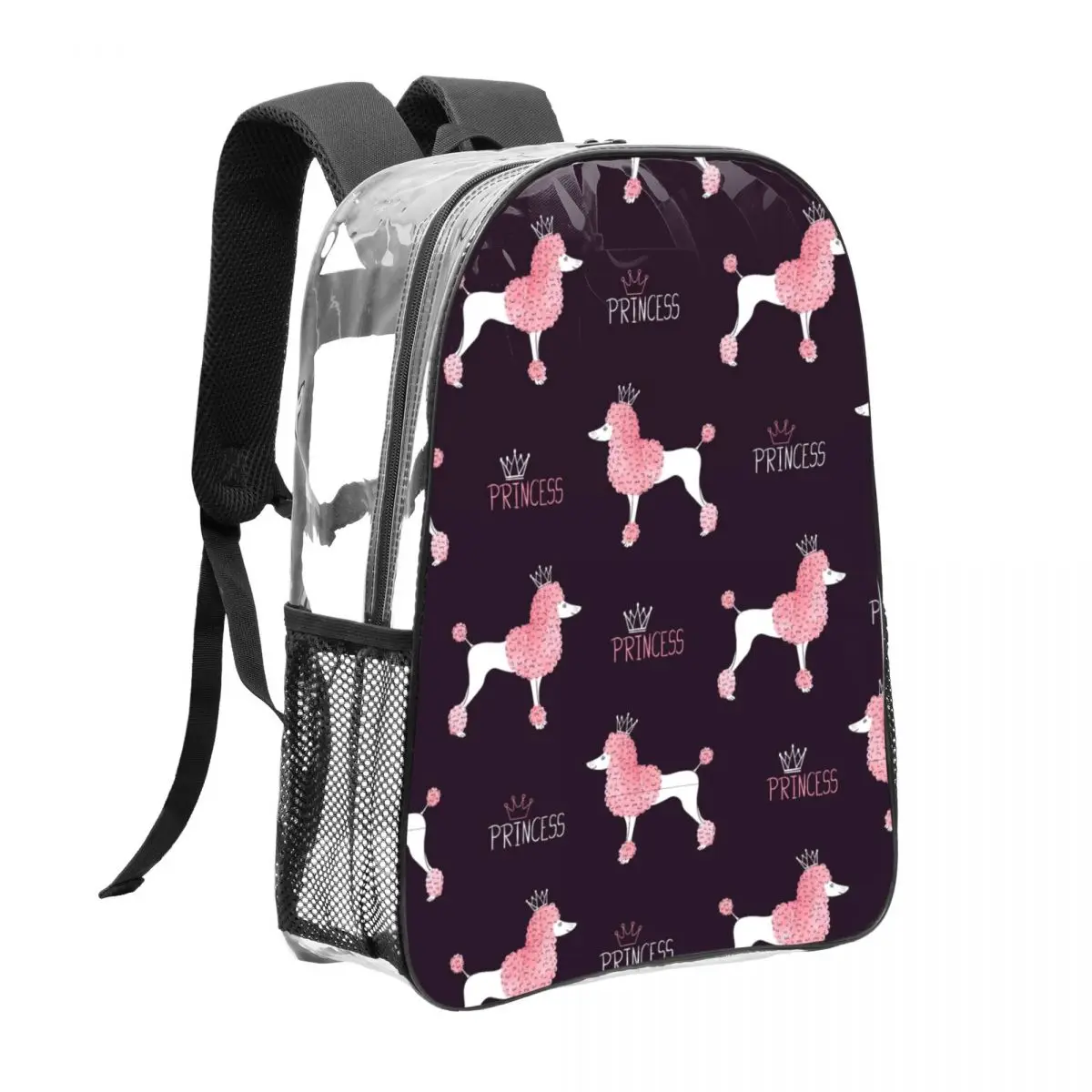 

Cute Pink Poodle with Crown 16in PVC School Bag Lightweight Durable Bookbag with Adjustable Straps Girls Kawaii Backpack