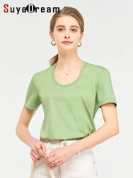 SuyaDream,Women Solid T shirts, Silk Cotton Blend, Square Collar, Short Sleeved Tee, 2025 Summer Candy Colors Basic Cozy Top