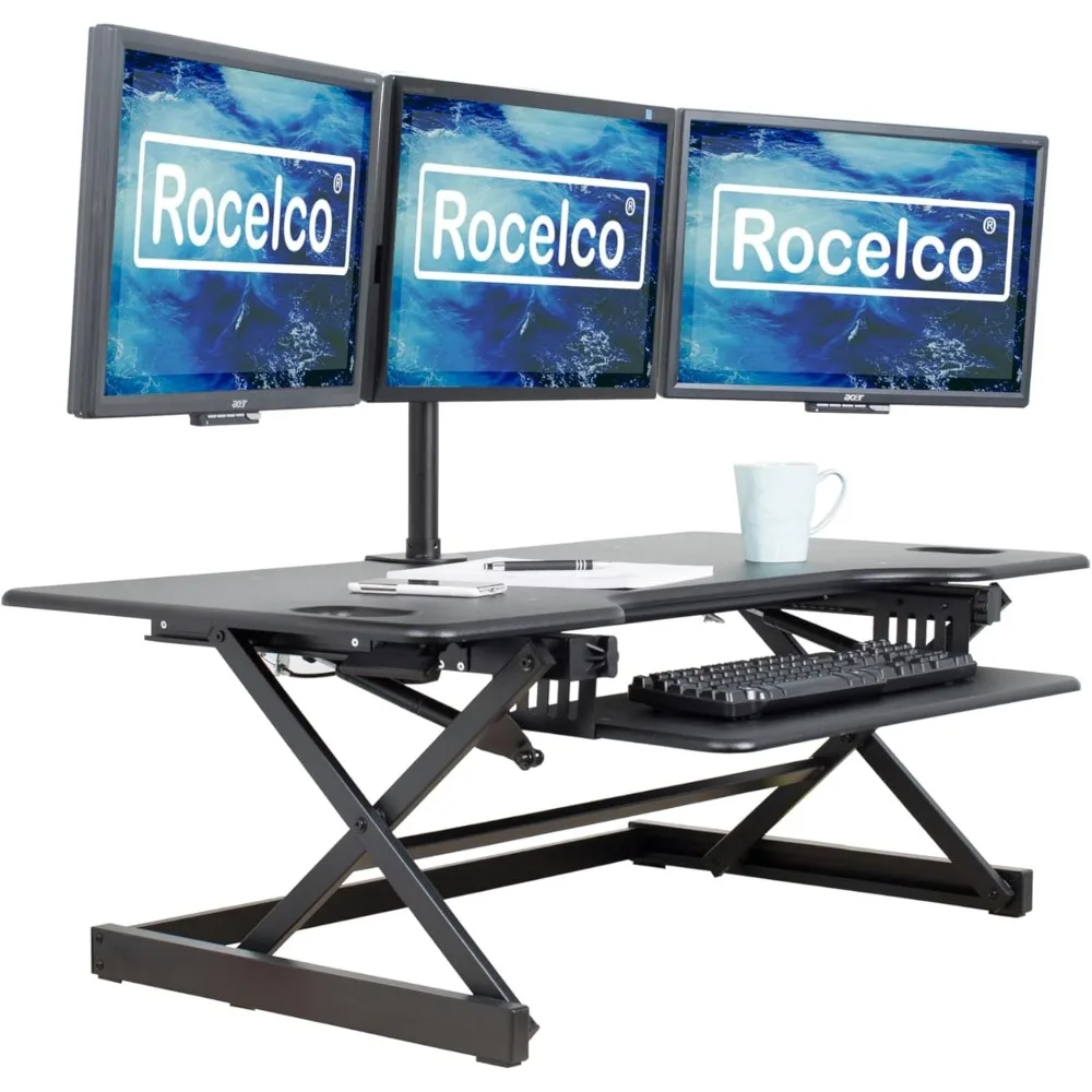 

46" Large Height Adjustable Standing Desk Converter - Quick Sit Stand Up Triple Monitor Riser - Tall Gas Spring Assist