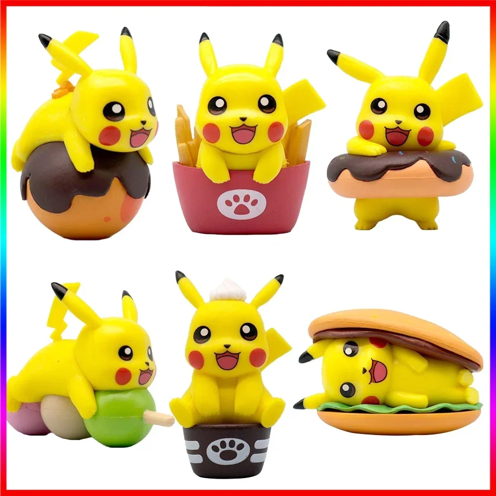 

6Pcs Anime Pokemon Figure Food Theme Series Pikachu Eevee Charmander Squirtle Bulbasaur Jigglypuff Burger Fries Donuts Model