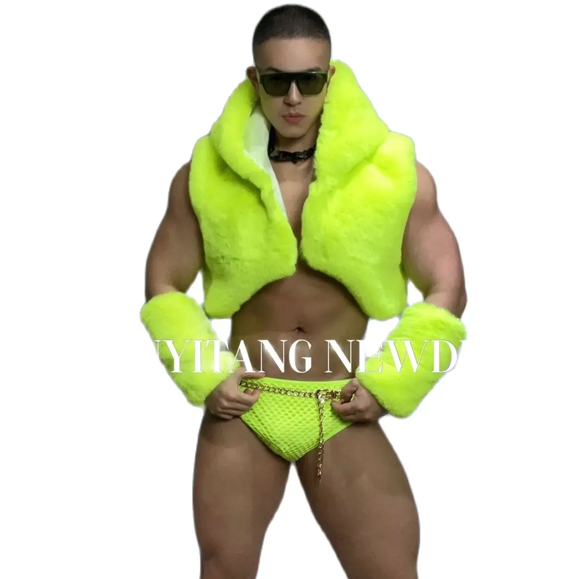 DS Fashion Performance Dress DJ Bar Night Club Men's and Women's Hip Hop Jazz Dance Fluorescent Green Faux Fur Vest Set   YJ008