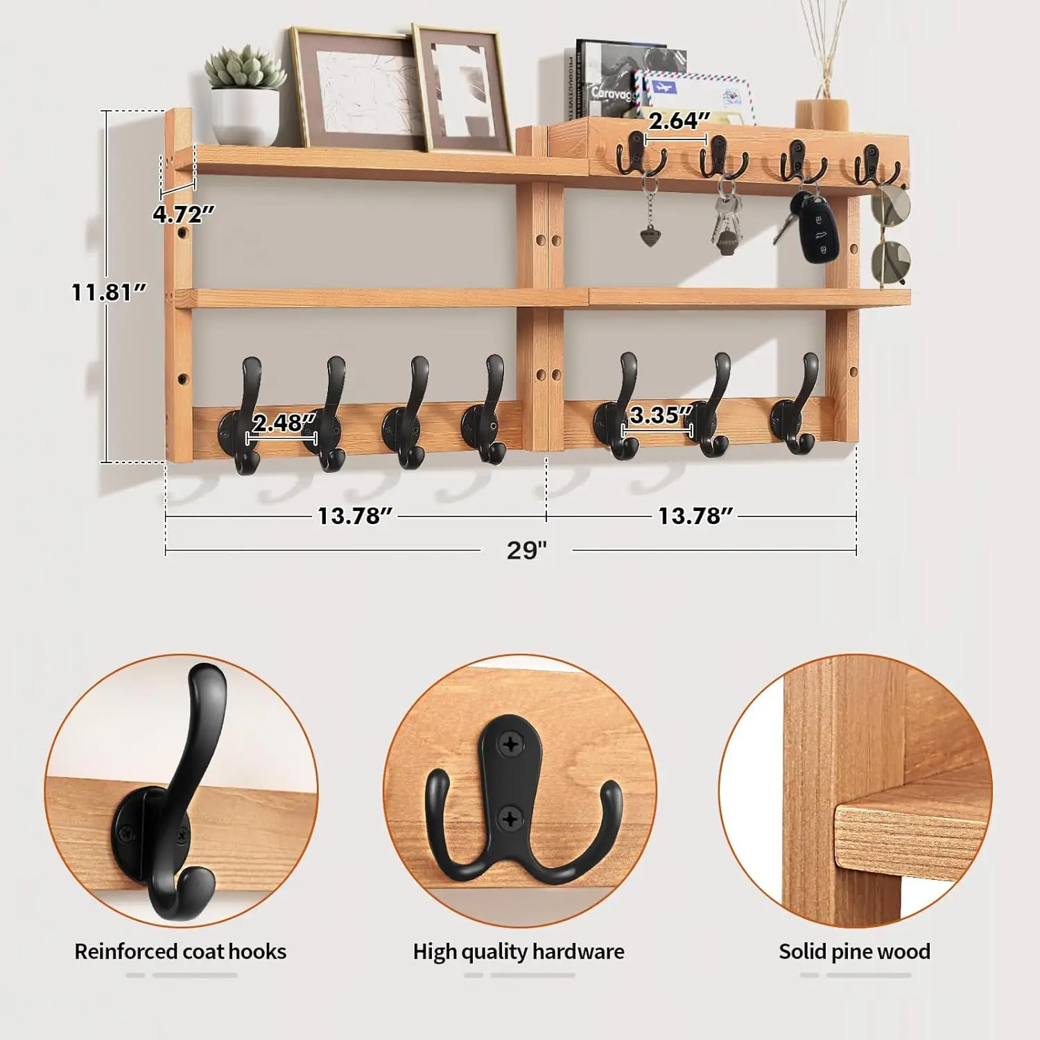 

Настенная вешалка для одежды 29 дюймов с полкой, двухуровневая настенная полка из сосны с 7 прочными крючками и 4 крючками для ключей