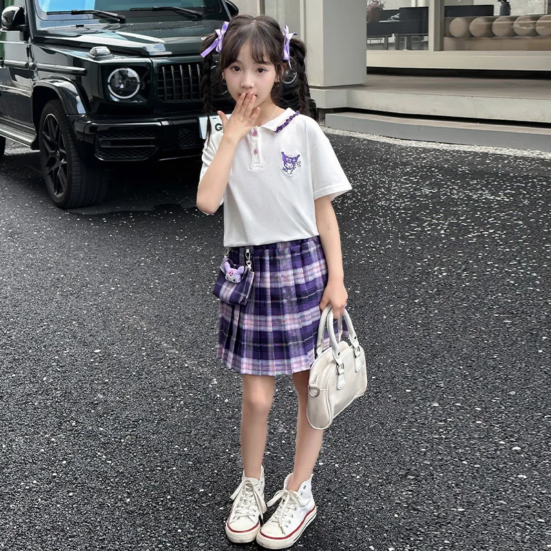 Anime Kuromi Sanrios Japanese Embroidery Junior Uniform Girls 2Pc Tshirt Skirt for Schoolchild Pleated Skirts Tops Outfits Kid