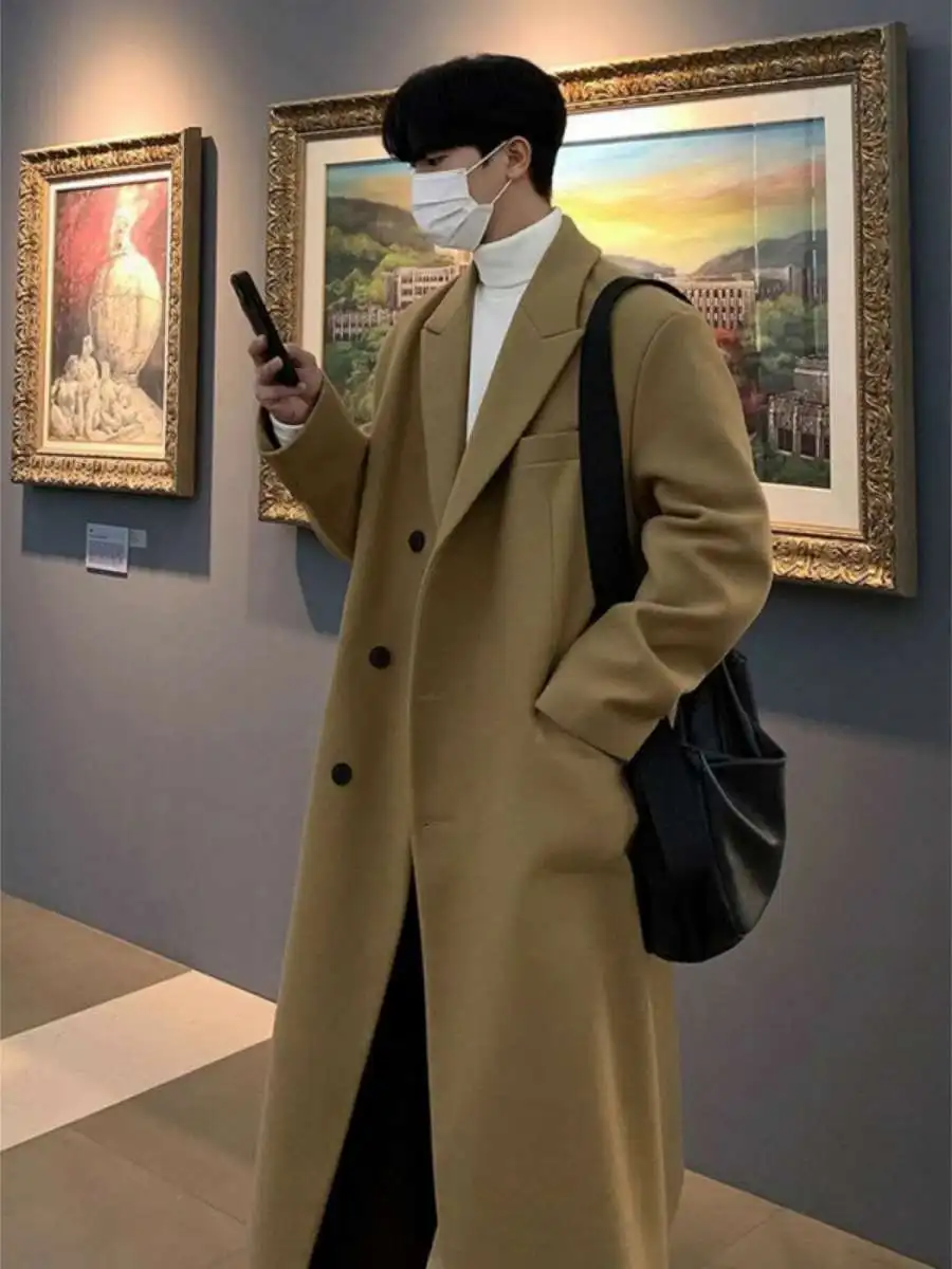 Winter Men's Thickened Woolen Coat Casual Long Style Korean Version over Knee Windbreaker Fashionable Outerwear for Men