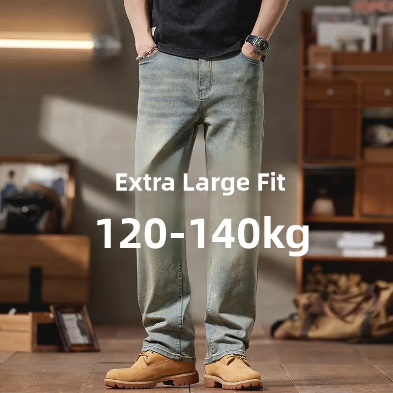 

Loose Straight Leg Men's Jeans plus Size Casual Elastic Vintage American Style Spring Fashion plus Size Wide Leg Pants