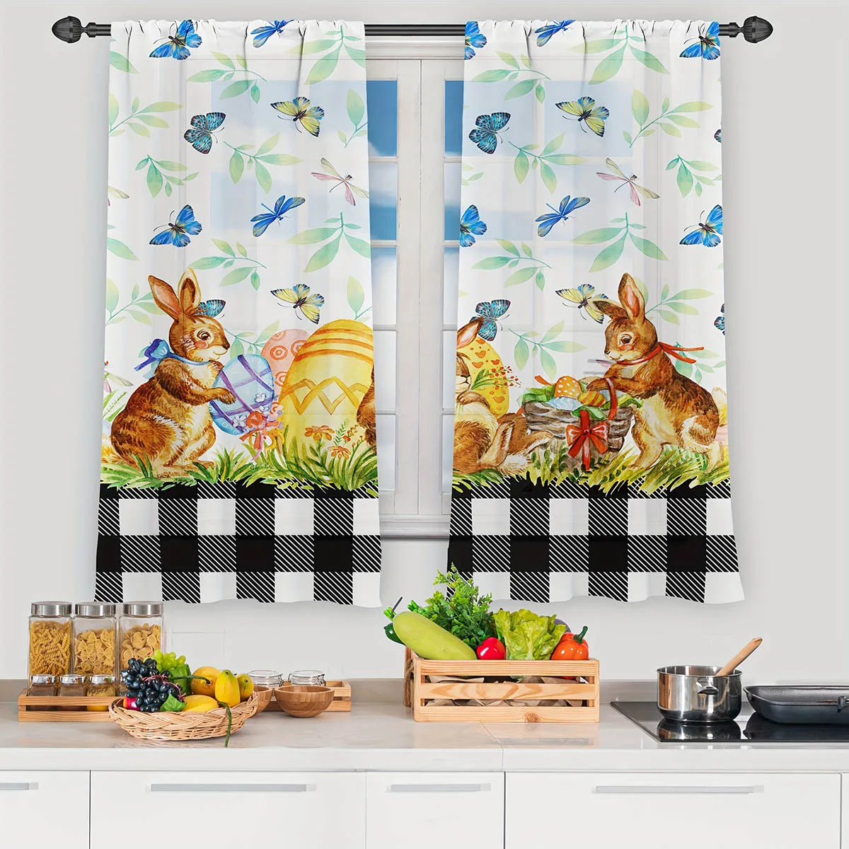 Butterfly Cute Rabbit Easter Cartoon Print Curtain Rod Pocket Bedroom Living Room Dining Room Kids Room Decorative Curtain 2 Pcs