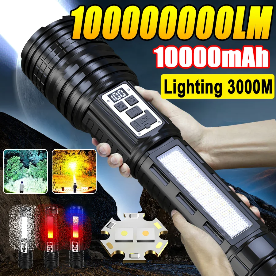 

100000000 LM Самый мощный светодиодный фонарик, перезаряжаемый фонарик Type-c, дальний выстрел, 3000 м, тактический фонарь для рыбалки, охоты