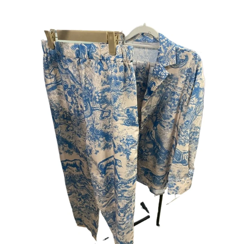 

New Fashion French Printing Long-sleeved Lace-up Shirt High-waisted Wide-leg Pants Women's Suit European American Cross-border