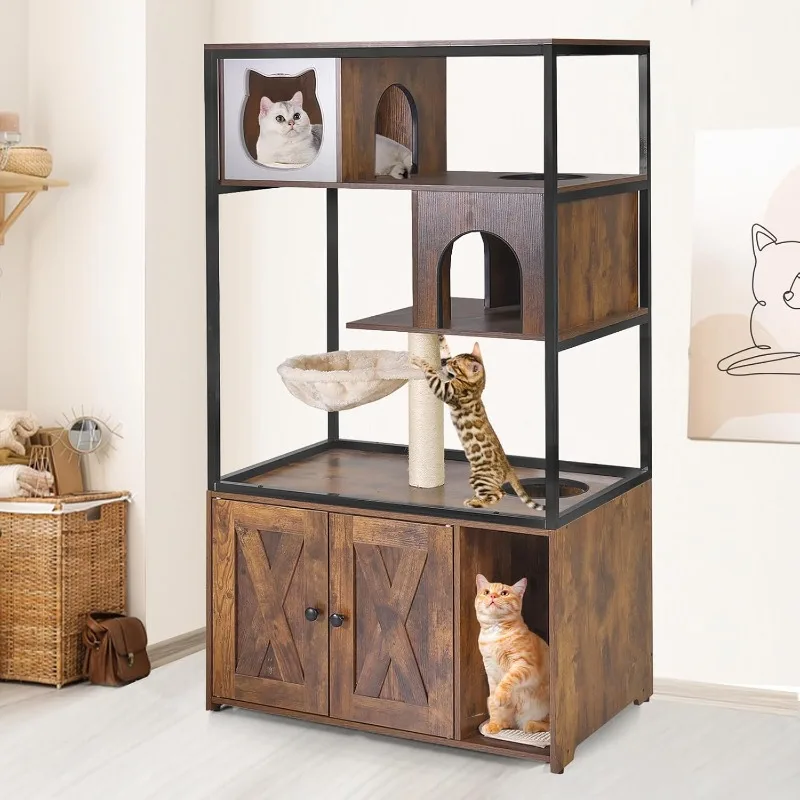 

Box Enclosure,Hidden Litter Box Furniture with Metal Frame,Wooden Kitty House with Barn Door,Wooden Cat Washroom Furn