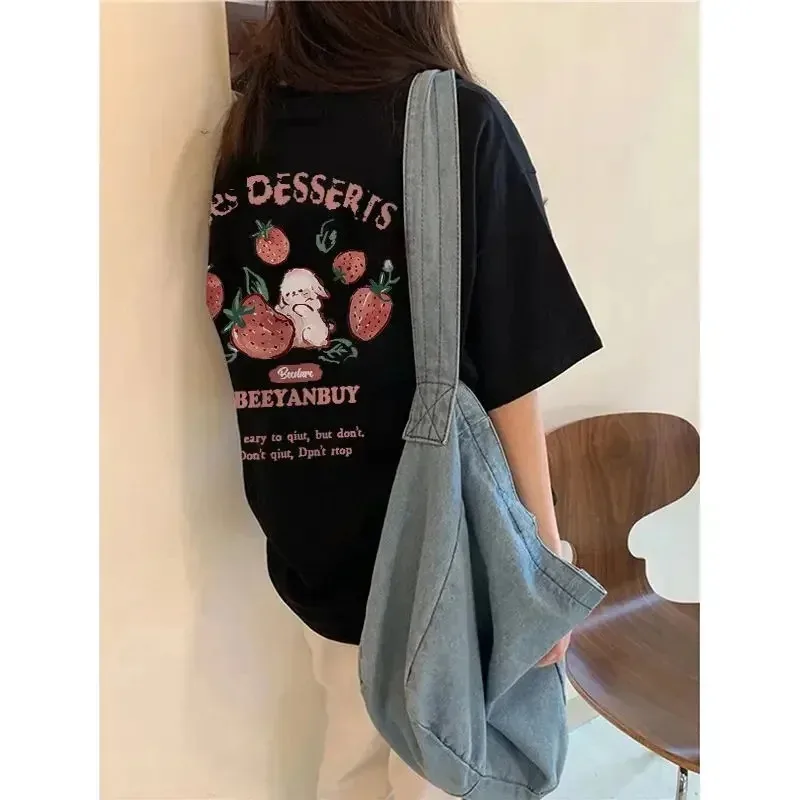 2024 Cute Rabbit Strawberry Fashion Creative Printed Short Sleeve T-Shirt Trendy Brand Loose Casual Simple Versatile T-Shirt