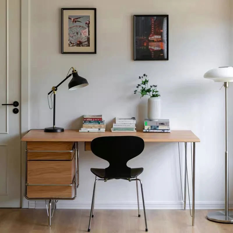 Writing desk with drawers File cabinet Studio table Medieval stainless steel solid wood workbench