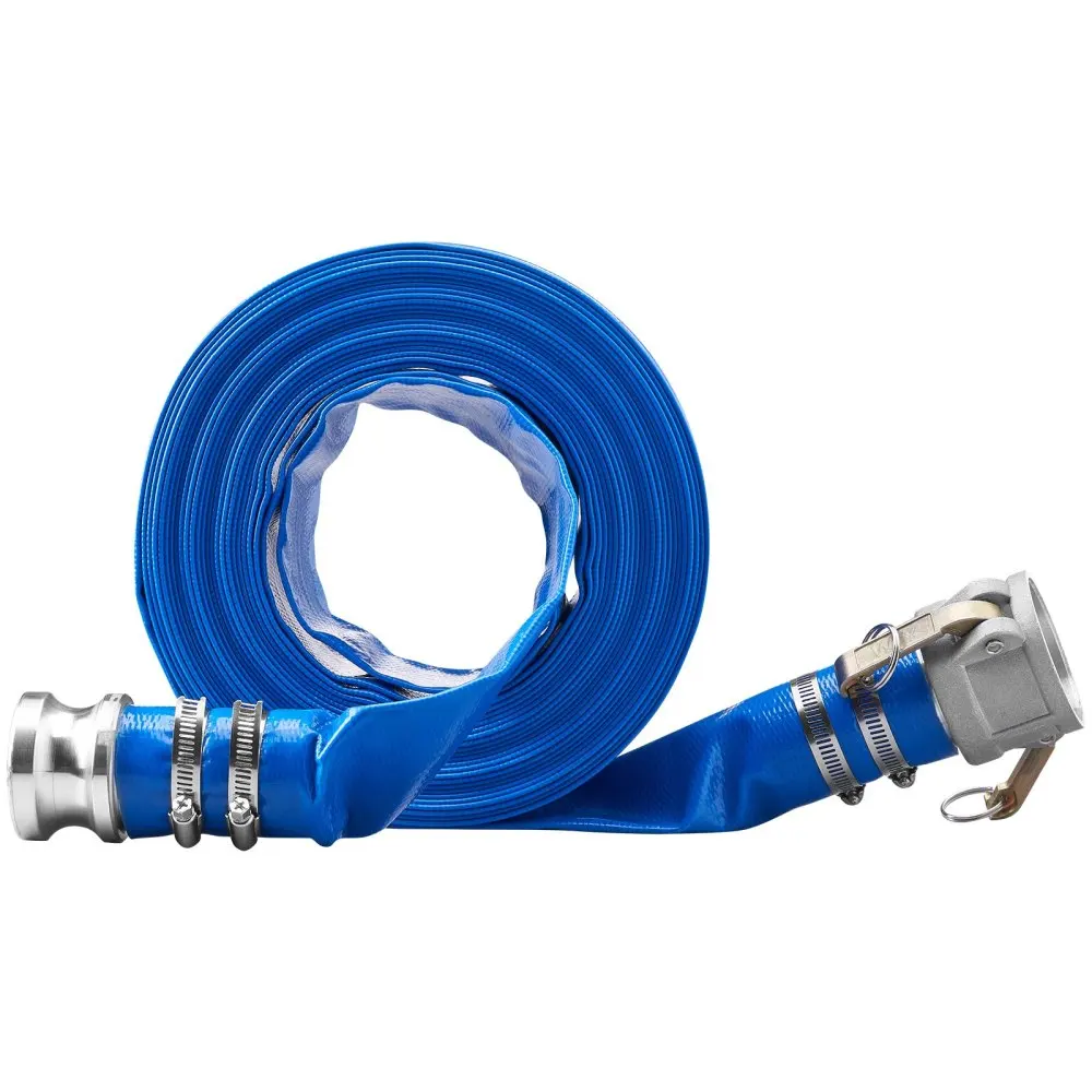 

Backwash Hose 2in×50ft Heavy-Duty PVC Flat Al Camlock C&E Fittings Clamps Blue Pool Drain