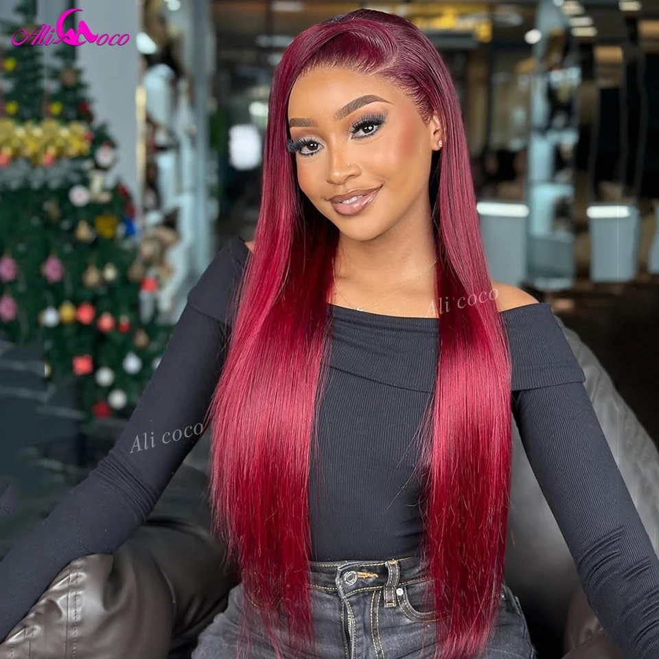 

Burgundy Colored 5x5 6x6 Closure Lace Wig Transparent Lace Straight Human Hair Wigs Red Wine Color Brazilian Hair Wig