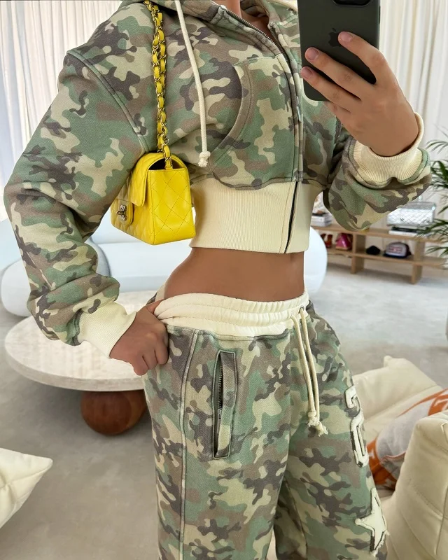 Women's 2-piece tailored camouflage hoodie sweatpants Casual long-sleeved zipper jacket Hip Hop Sweatshirt Sports Y2K sweatwear