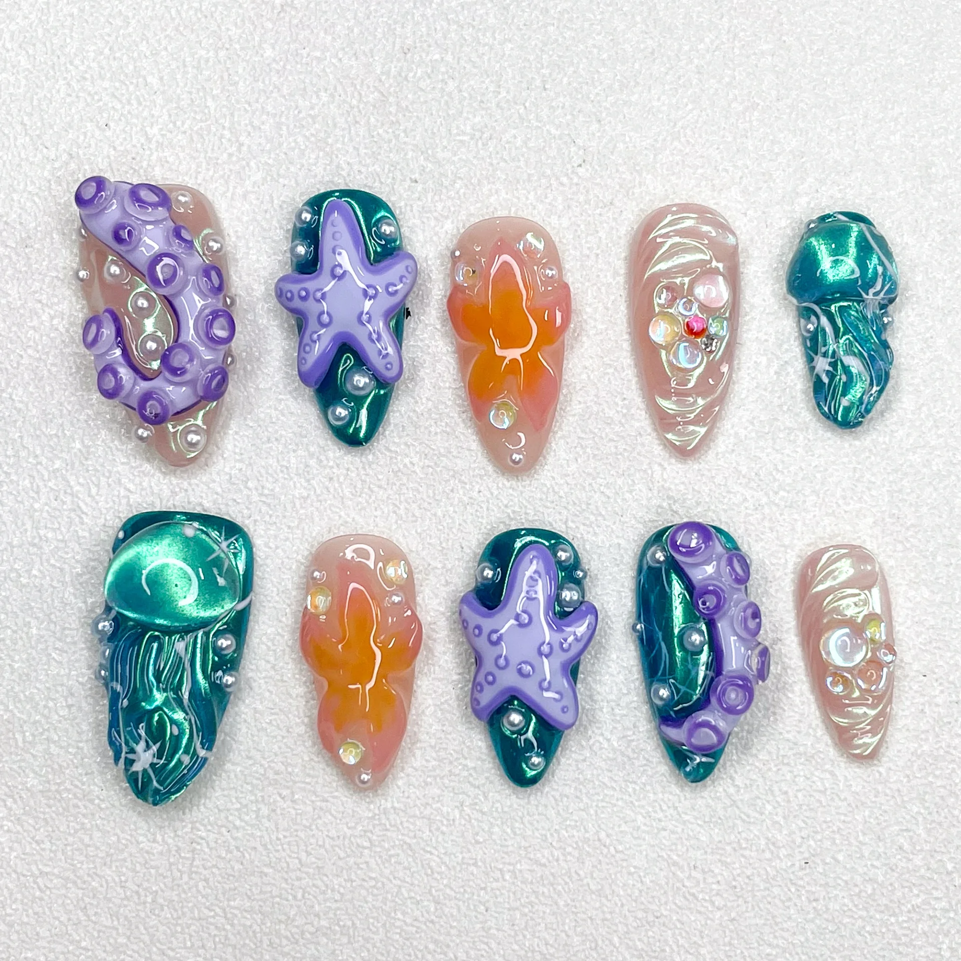 

New Ocean Series Manicure Octopus Hand-painted 3D Relief Almond Length Press on Nails Personalized Design Style