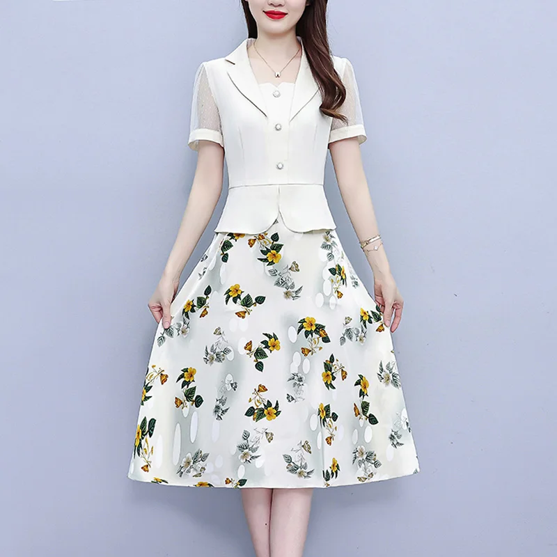 

High Quality Fake Two-Piece Spliced Fashionable Printed Dress For Women Summer Short Sleeved Office Lady Dresses