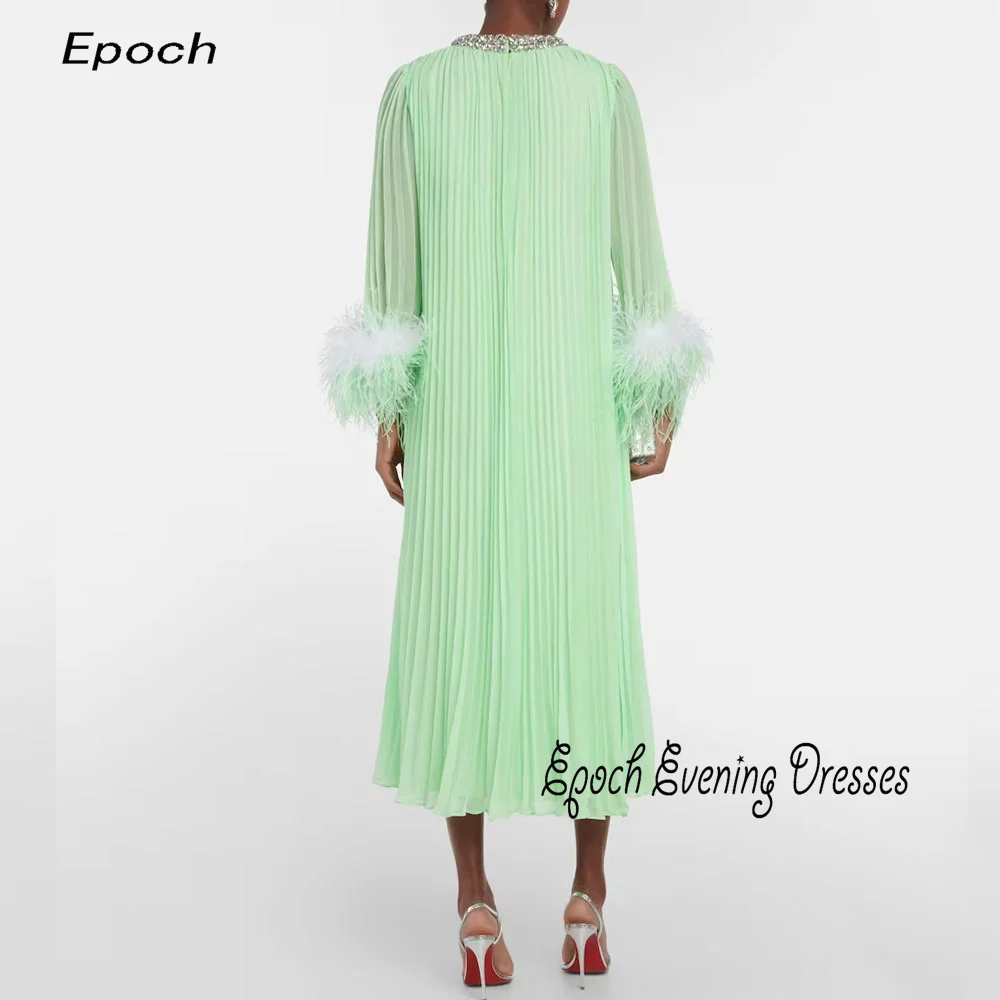 Luxury Evening Dress For Women 2024 New فساتين السهرة Dubai A-Line O-Neck Long Sleeve Feathers Pleat Cocktail Party Gown