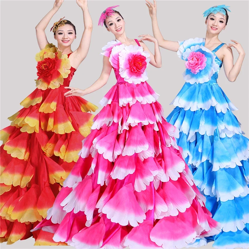 360-720Degrees Flamenco Dress Dance Gypsy Skirt Woman Spain Belly Costumes Big Petal Spanish Chorus Stage Performance Wear S-3XL