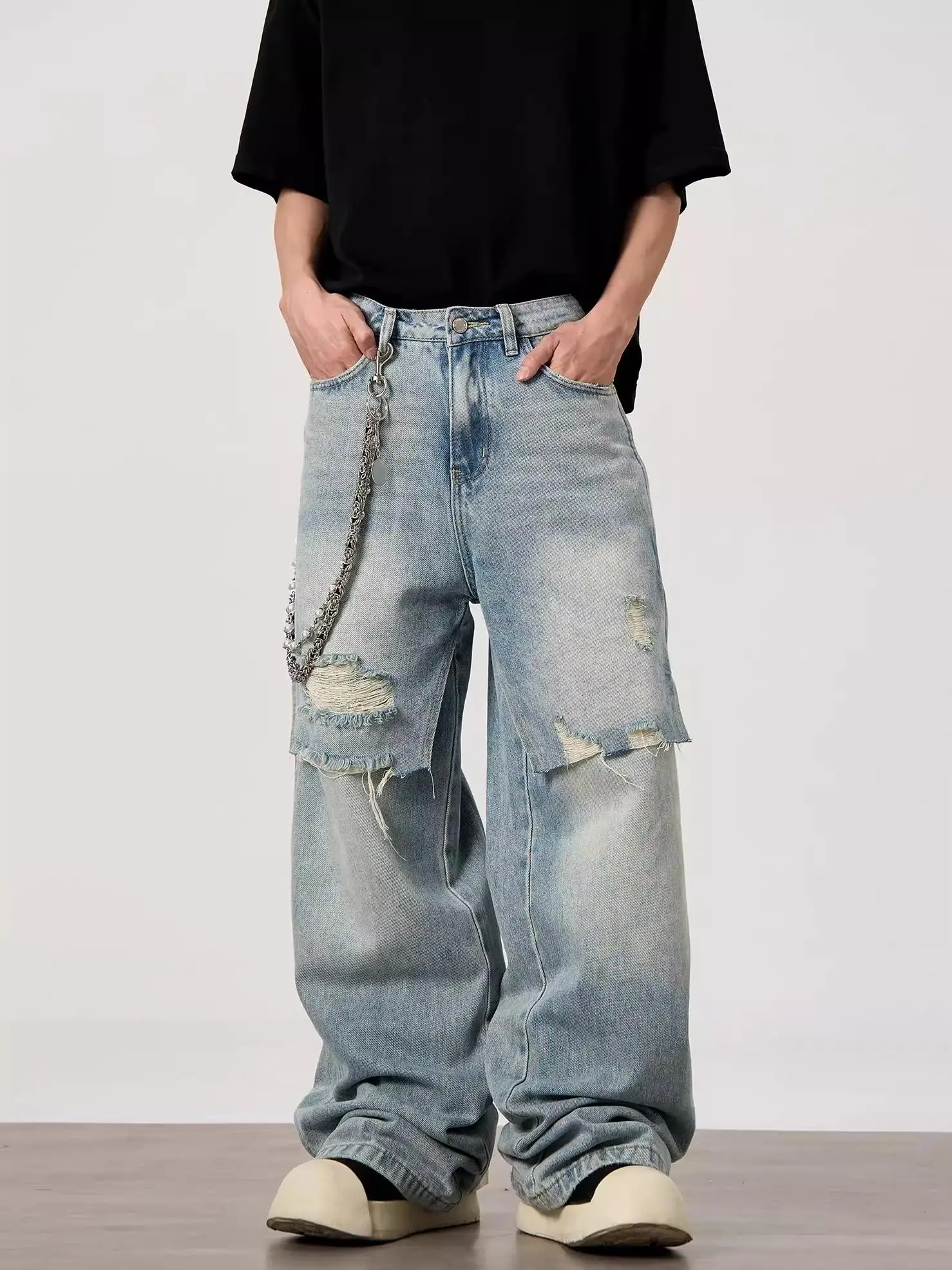 

Американские ретро-джинсы с пэчворком и прямым кроем, широкие повседневные брюки, модный дизайн, повседневные штаны