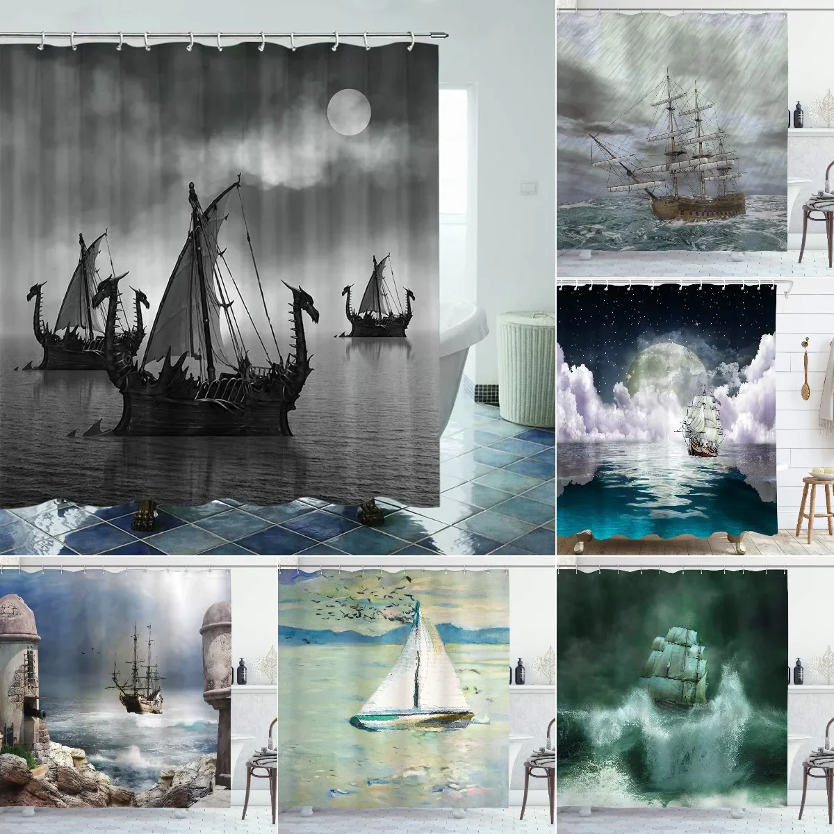 Norse Vikings Ship Shower Curtain Fantasy Boat Art Black and White Color Sailing Dragon Ship Curtain for Bathroom with Hooks