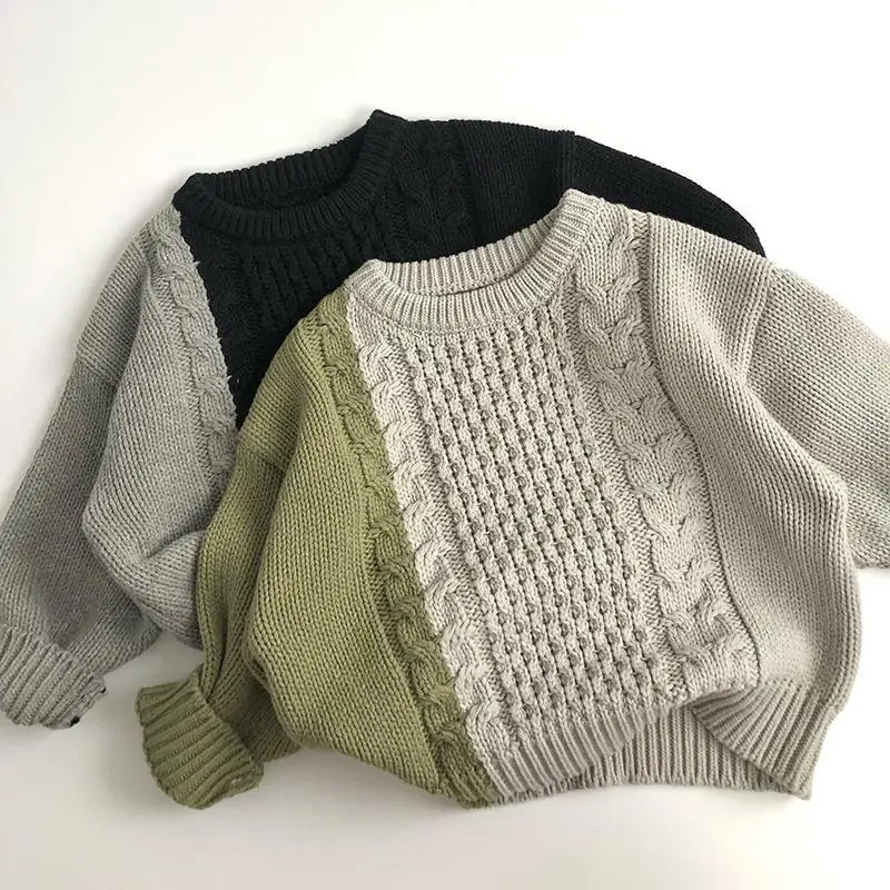 

Autumn New Children Fashion Patchwork Sweater Boys Girls Casual Knitted Pullover Baby Long Sleeve Sweater Kids Loose Knitwear