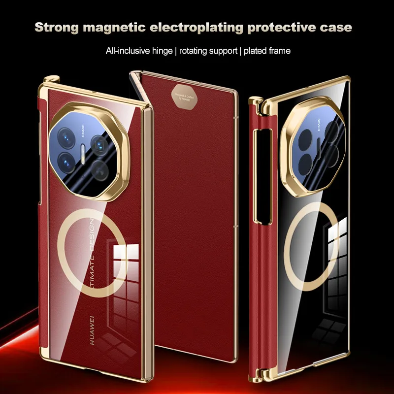 

Роскошный кожаный чехол с покрытием для Huawei Mate XT Ultimate, вращающаяся подставка, защита магнитных петель, прозрачная задняя крышка