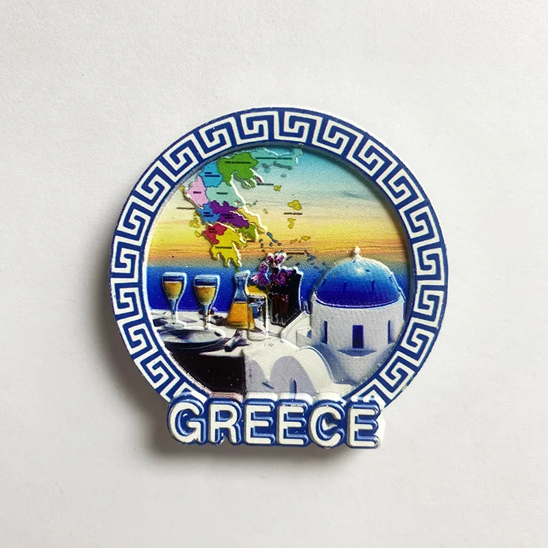 

Greece Santorini Circular Fridge Magnet, Strong Refrigerator Accessory with Greek Map, Blue Dome Church & Sunset for Home Decor