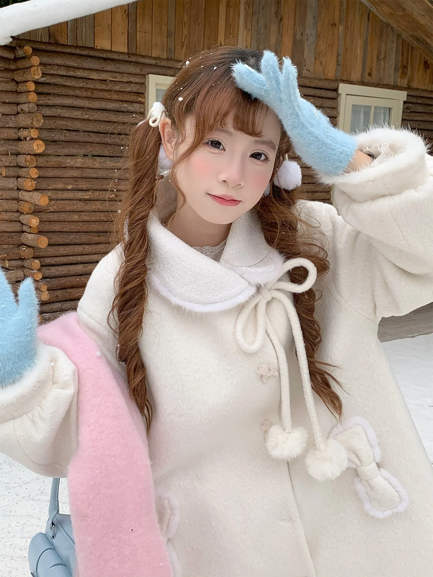

Sinsingirl Plu Snow Soft Candy Sweet Sle Beige Furry Woolen Coat Winter Knot Loose Outerwear Women's Faion