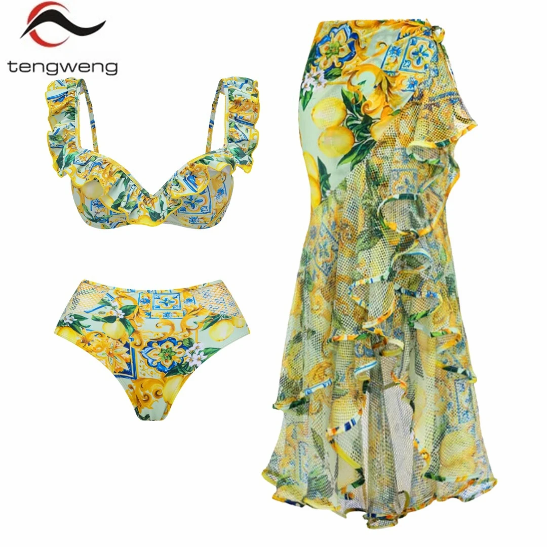 Vintage Women Swimwear 2024 New One-piece Swimsuit with Ruffled Mesh and Lemon Print Patchwork Swimsuit Set Monokini Beachwear