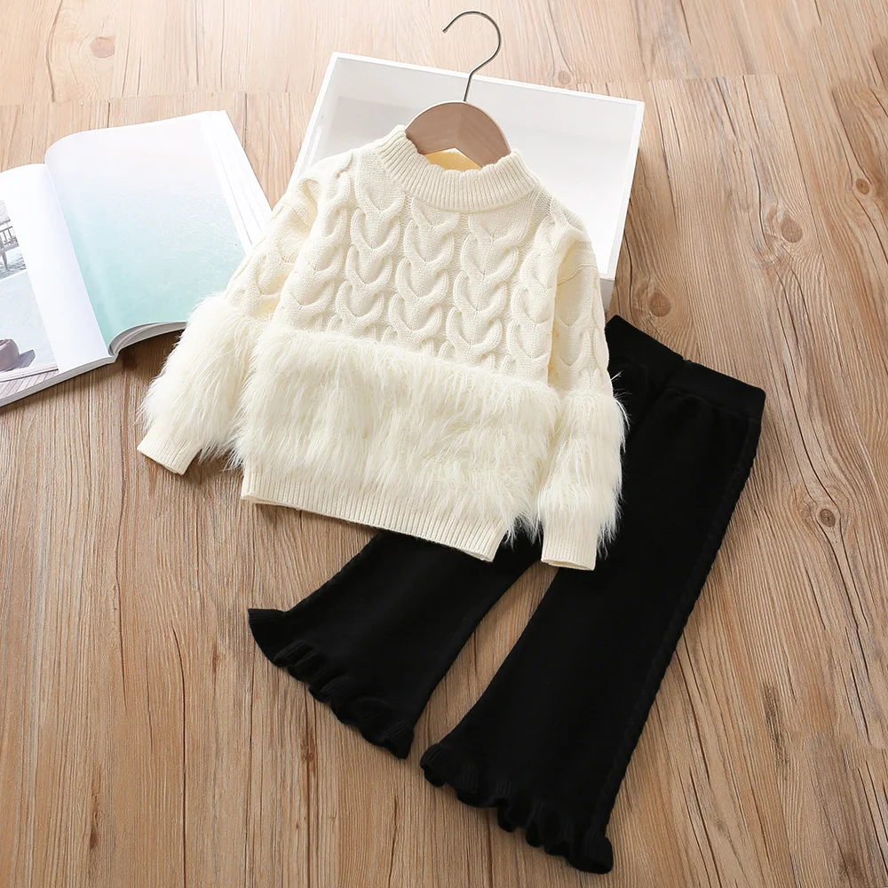 

Girls 2-6 years old sweater set winter new style pure color twist wool knitted round neck long sleeve top+ black trousers 2 sets
