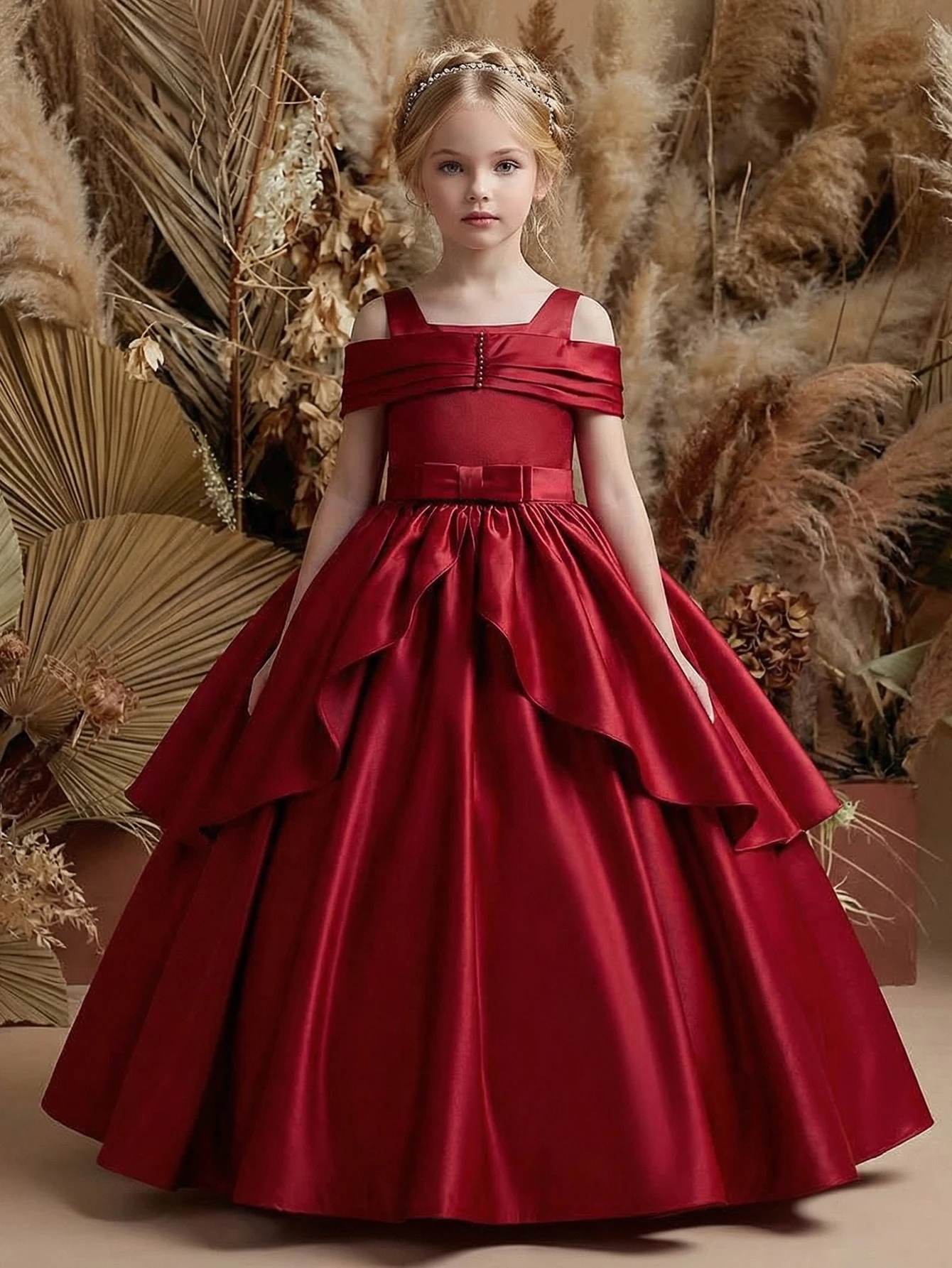 Tween Girl Sophisticated Wine-red Satin Gown Featuring Off-shoulder Silhouette Voluminous Ruffled Hem,Formal Occasions,Weddings