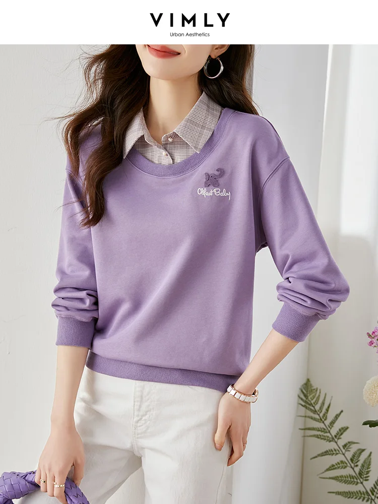 Vimly Purple Shirt Collar Sweatshirts for Women 2023 Spring Cotton Casual Loose Patchwork Fake Two Pieces Long Drop Sleeve Tops