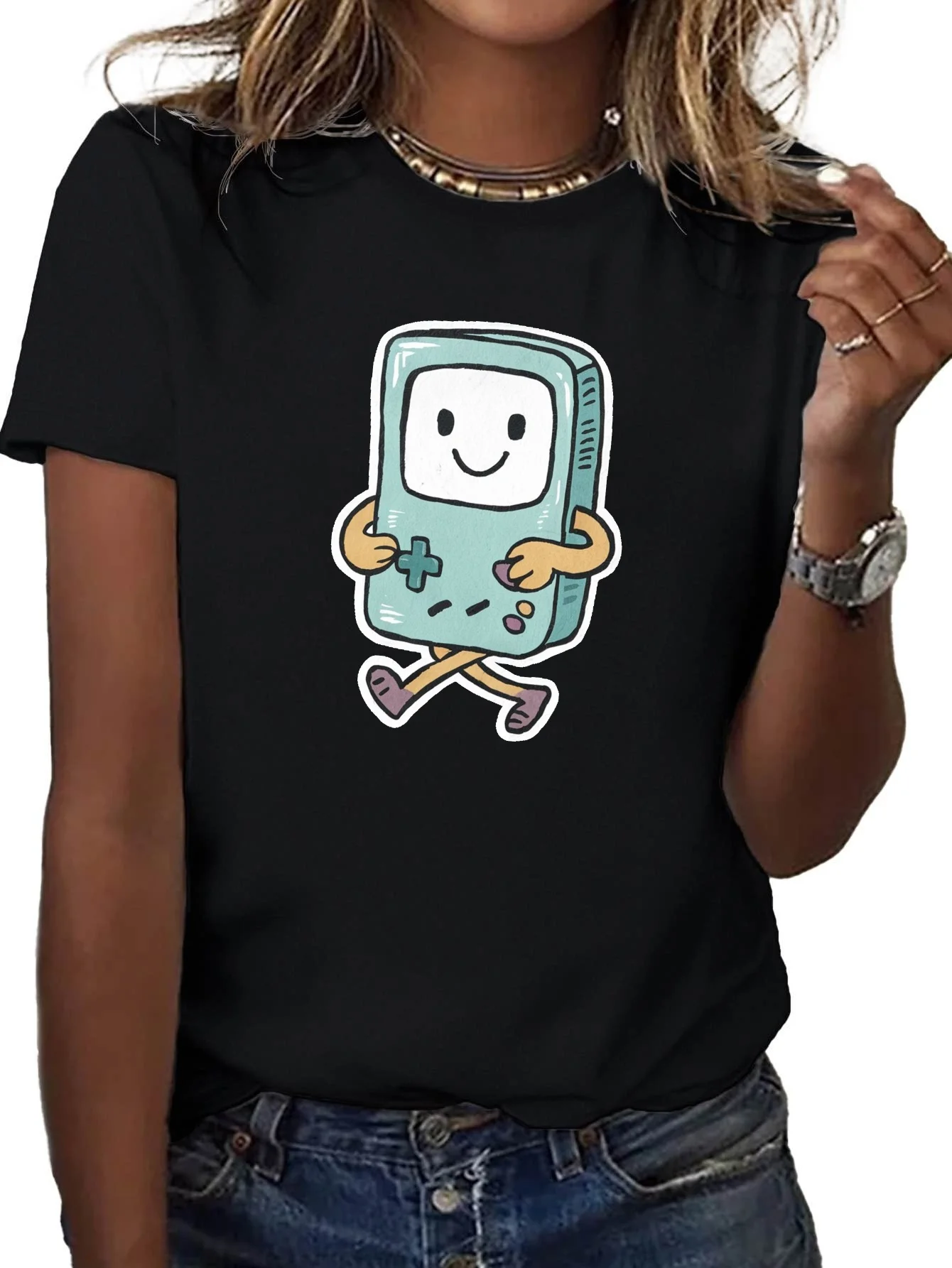 여성용 컴포트 핏 티셔츠, 만화 게임 장치 그래픽 프린트 블랙 캐주얼 라운드 넥 티셔츠, 여름 의류용