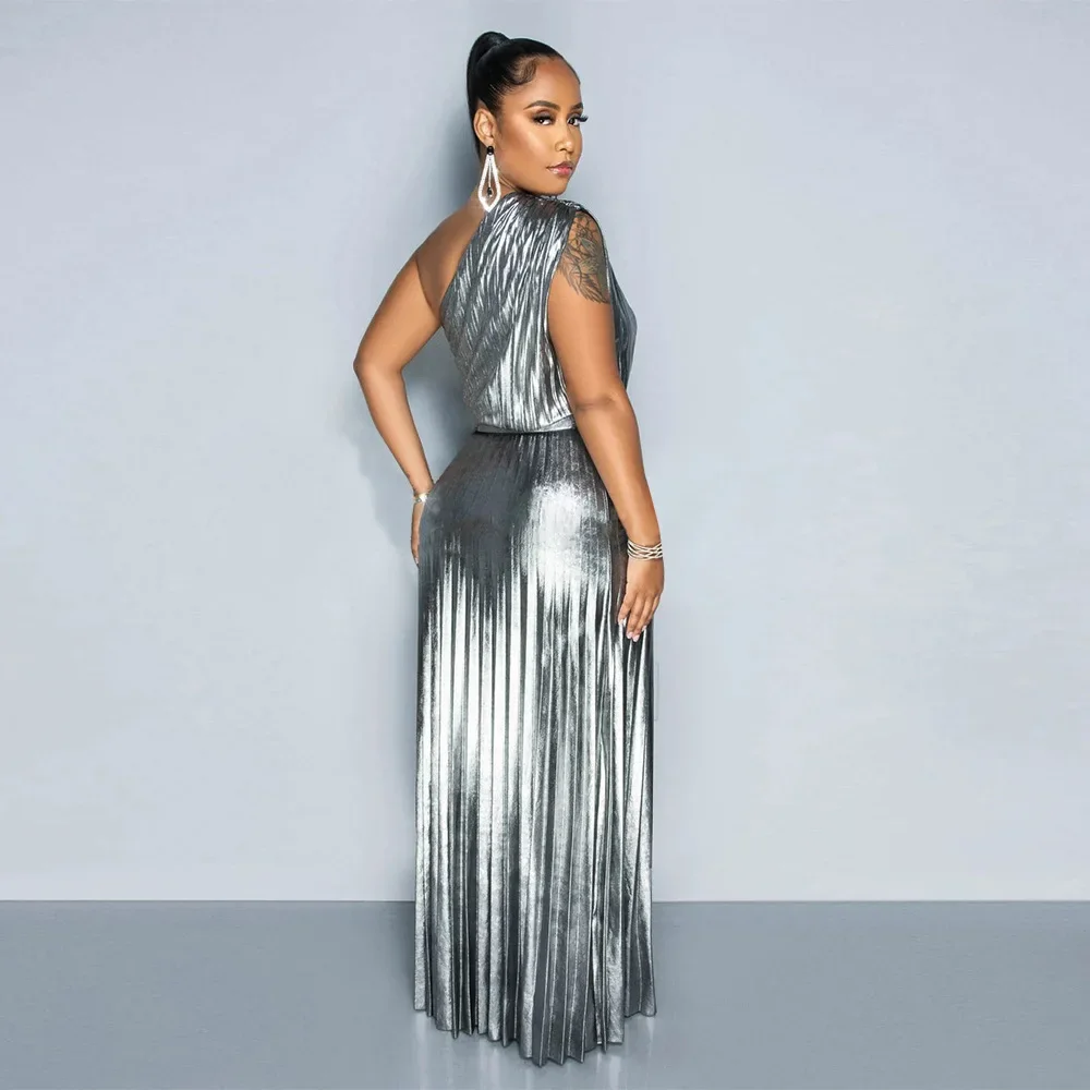 Elegant Women Even Dresses Luxury Maxi Long Metallic Pleated Dress One Shoulder Sleeveless Premium Shiny Shimmer Gowns Dress