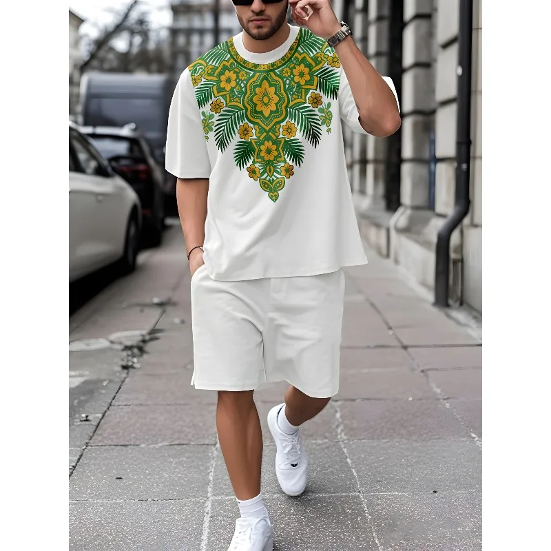 2025 Casual Round Neck Short Sleeved Shorts Set Summer New Trend Retro Men's Fashion T-shirt 3D Digital Printing Creative