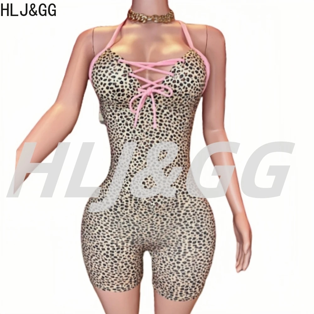 HLJ & GG صيف جديد ليوبارد طباعة القوس Bodycon قطعة واحدة ثوب فضفاض للنساء الجوف خارج الرسن عارية الذراعين سليم حللا موضة الشارع الشهير