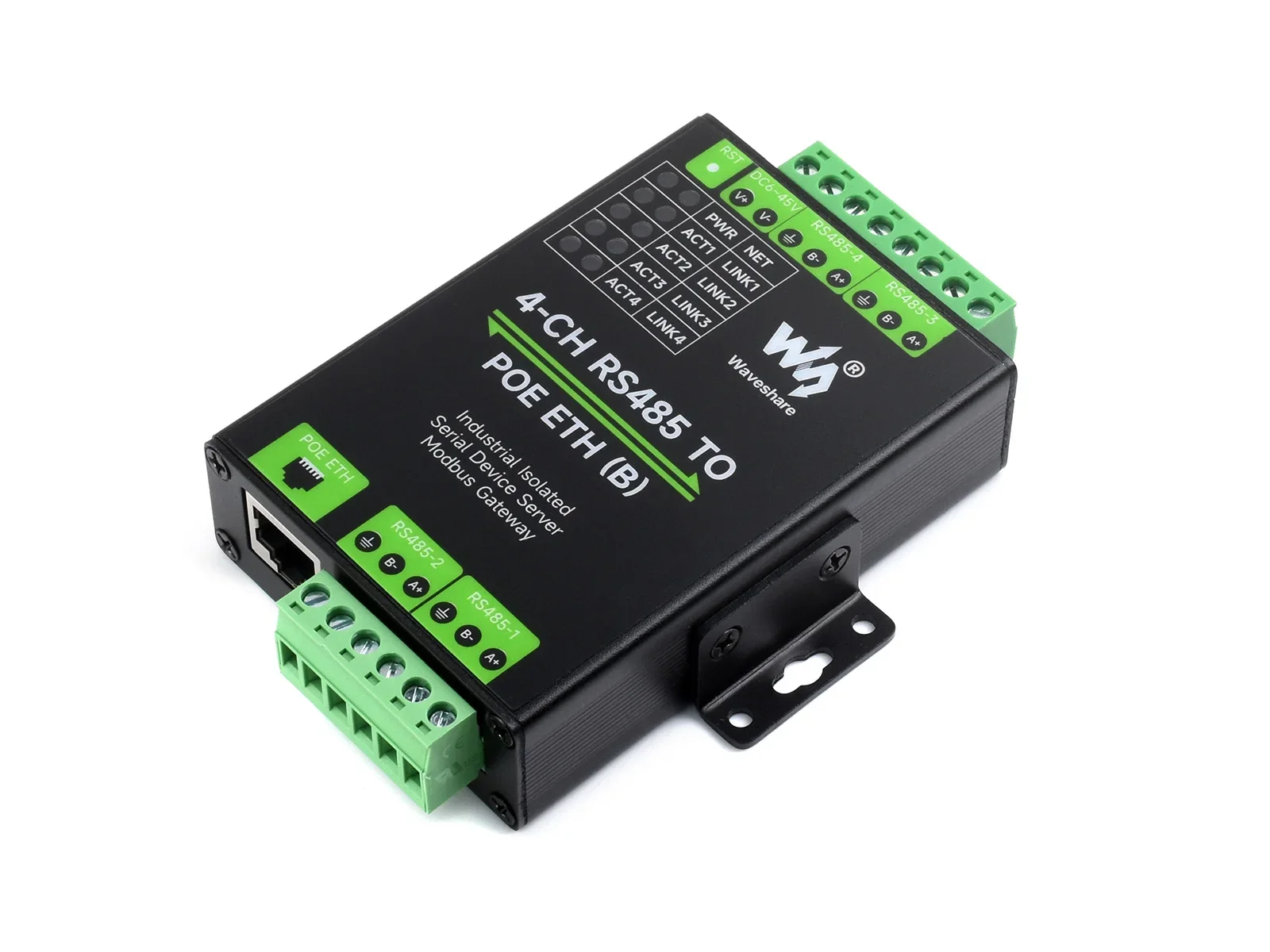 Waveshare 4 Channels RS485 Independent Operation, 4-Ch RS485 to RJ45 Ethernet Serial Server Optional PoE Function