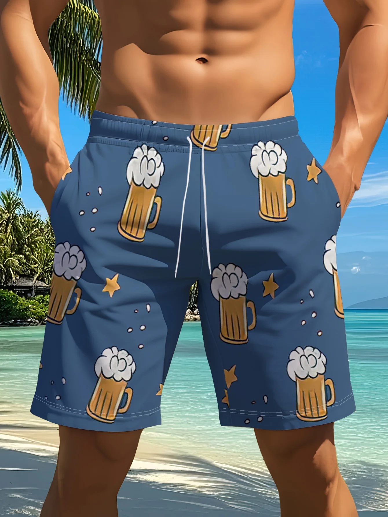 

Men's Cartoon Beer Mug Print Beach Shorts Summer Holiday Quick Dry Swimming Trunks Loose Casual Outdoor Party Board Shorts