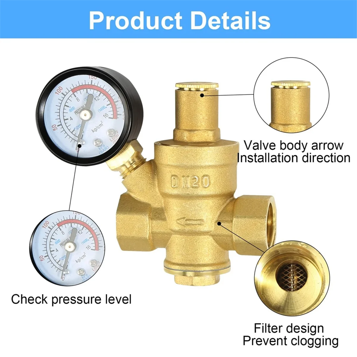 Water Pressure Regulator 3/4In with Gauge, Adjustable Water Pressure Reducing Valve for Water Pressure Regulator DN20