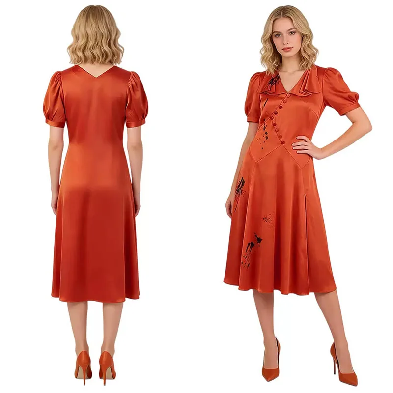 Costume de cosplay de la mariée 2026 Nouvelle robe en satin orange avec imprimé éclaboussures de sang, tenue de jeu de rôle d'horreur d'Halloween pour femmes