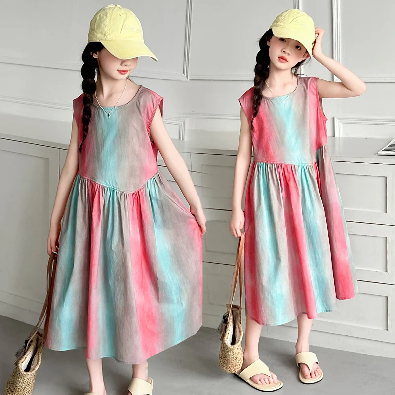 

Kids Fashion Colorful Gradient Print Long Cotton Dress Summer Clothing Children Casual Sleeveless Dresses Age 5 7 9 11 13 14 Y