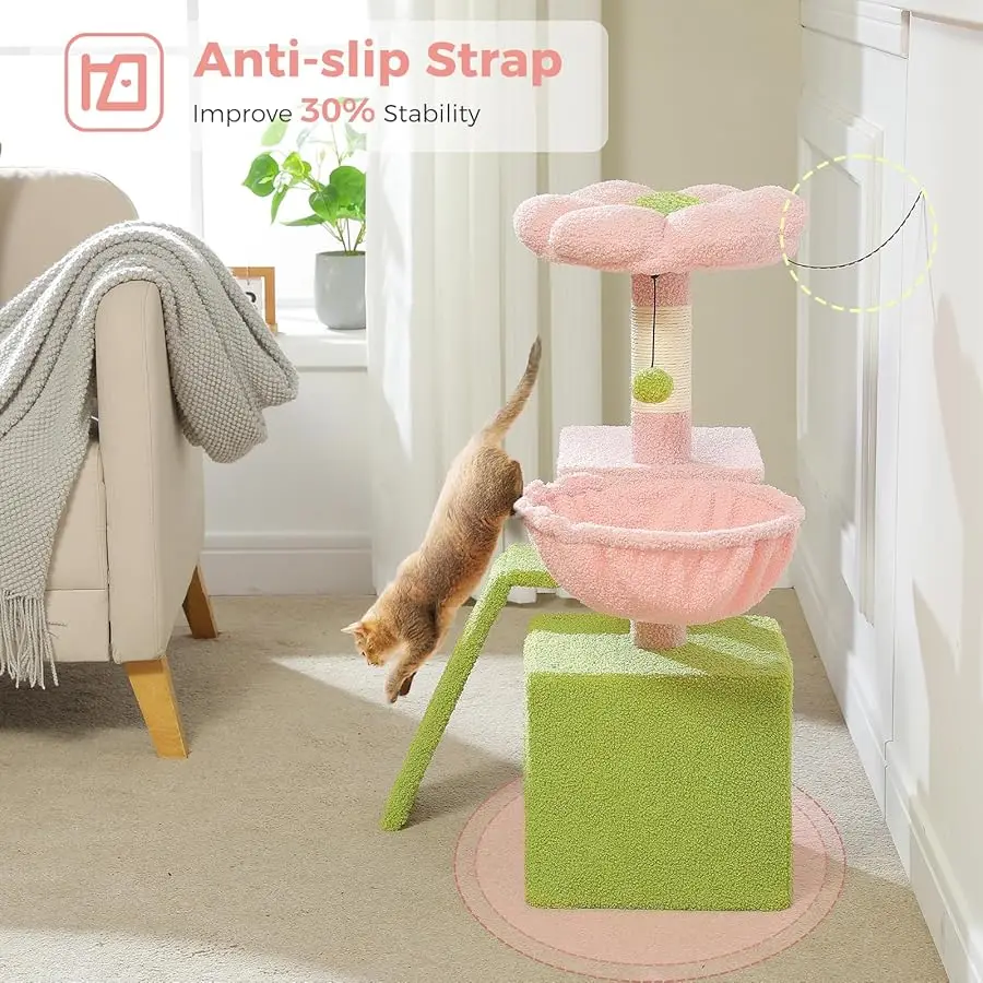 شجرة القطط الزهرية من PETEPELA للقطط الداخلية، شقة القطط الصغيرة مقاس 32 بوصة مع منحدر خدش السيزال، أرجوحة مريحة وقابلة للإزالة #5
